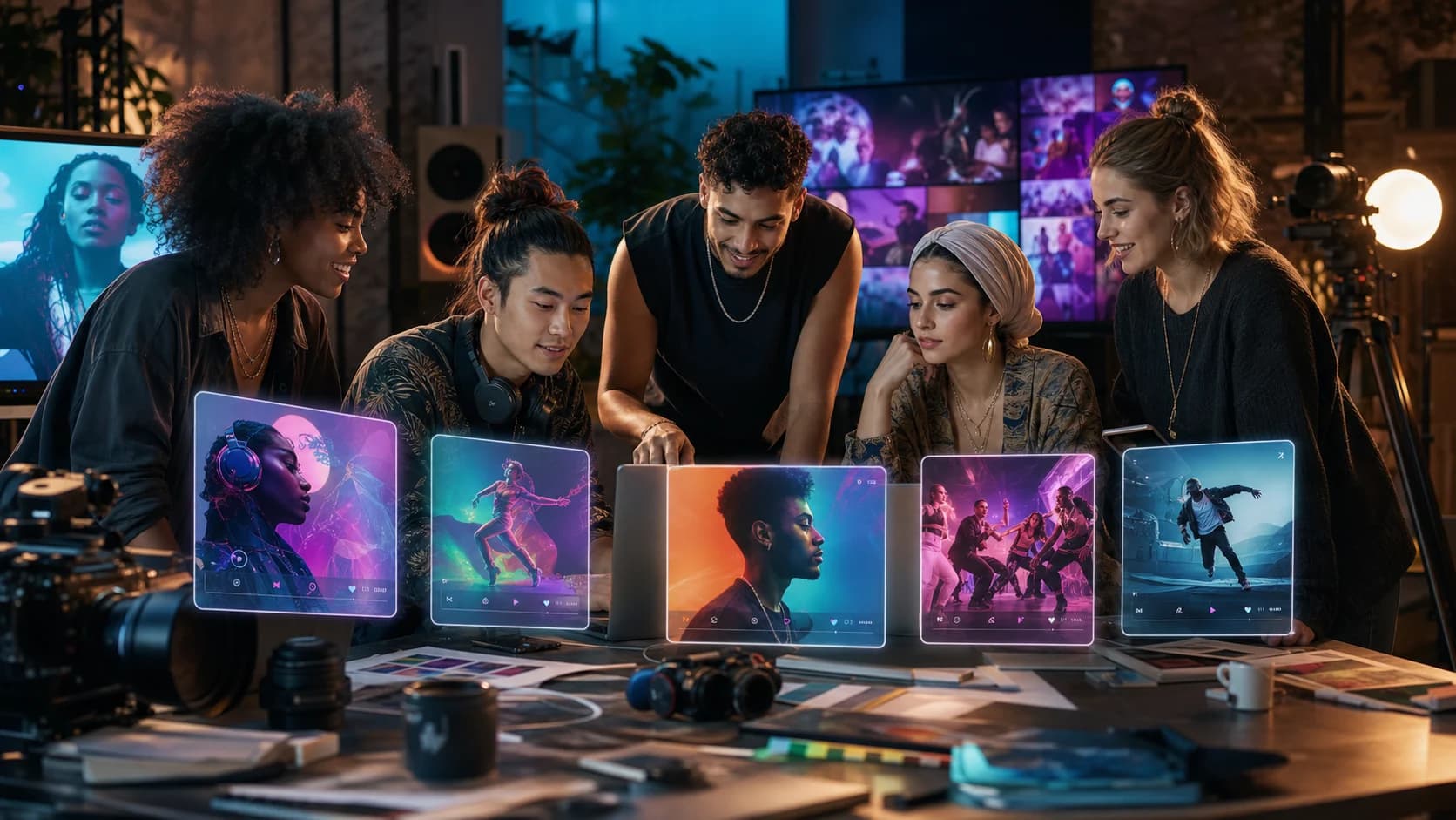 A diverse creative team reviewing generated music and video campaign assets