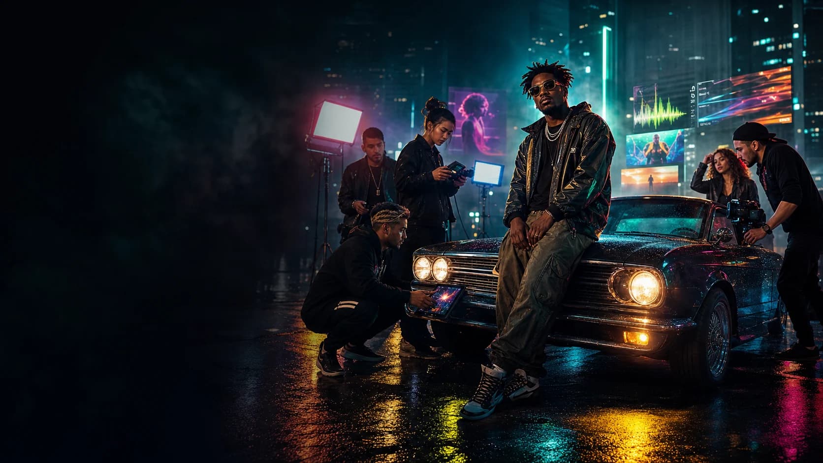 Artists and a diverse creative crew on a cinematic nighttime set