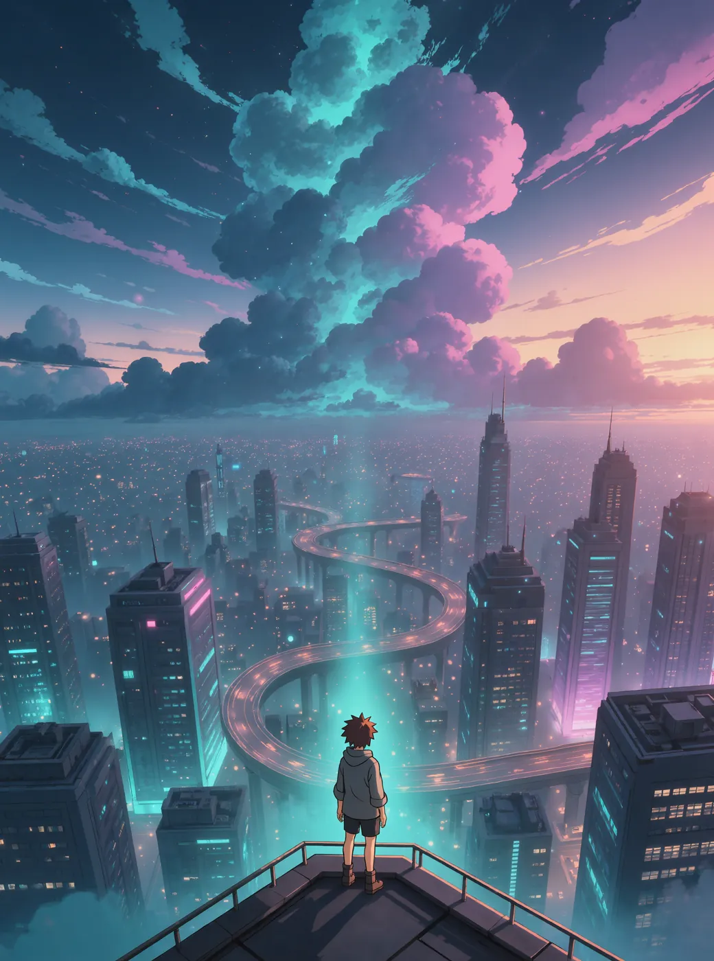 An animated figure above a glowing city