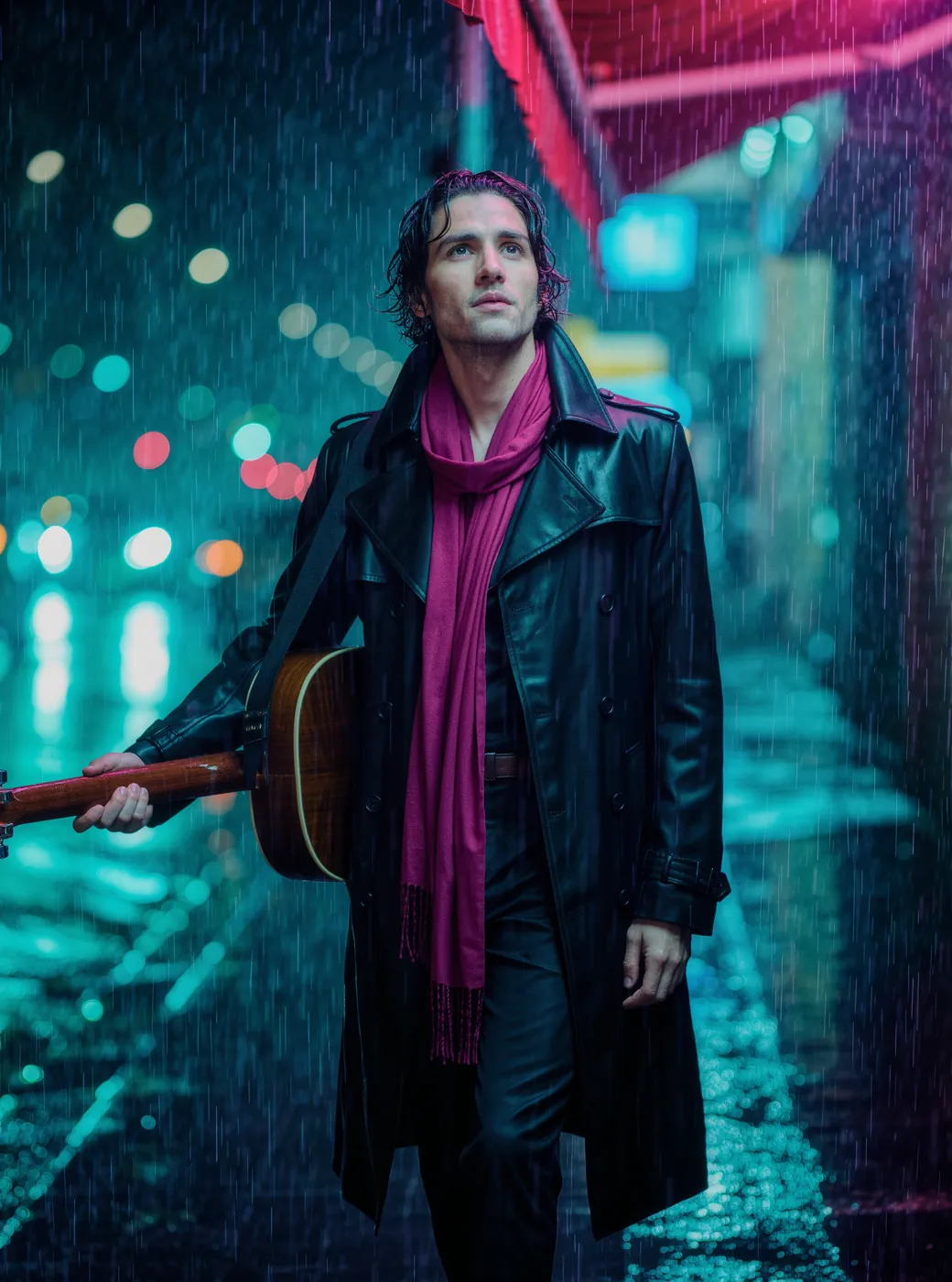 A musician on a neon-lit street in the rain
