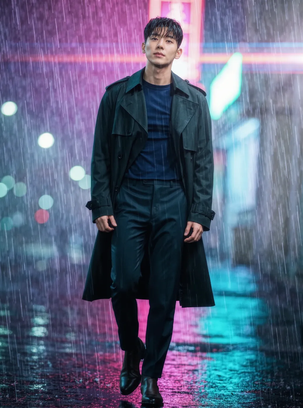 A figure walking a rain-soaked neon street