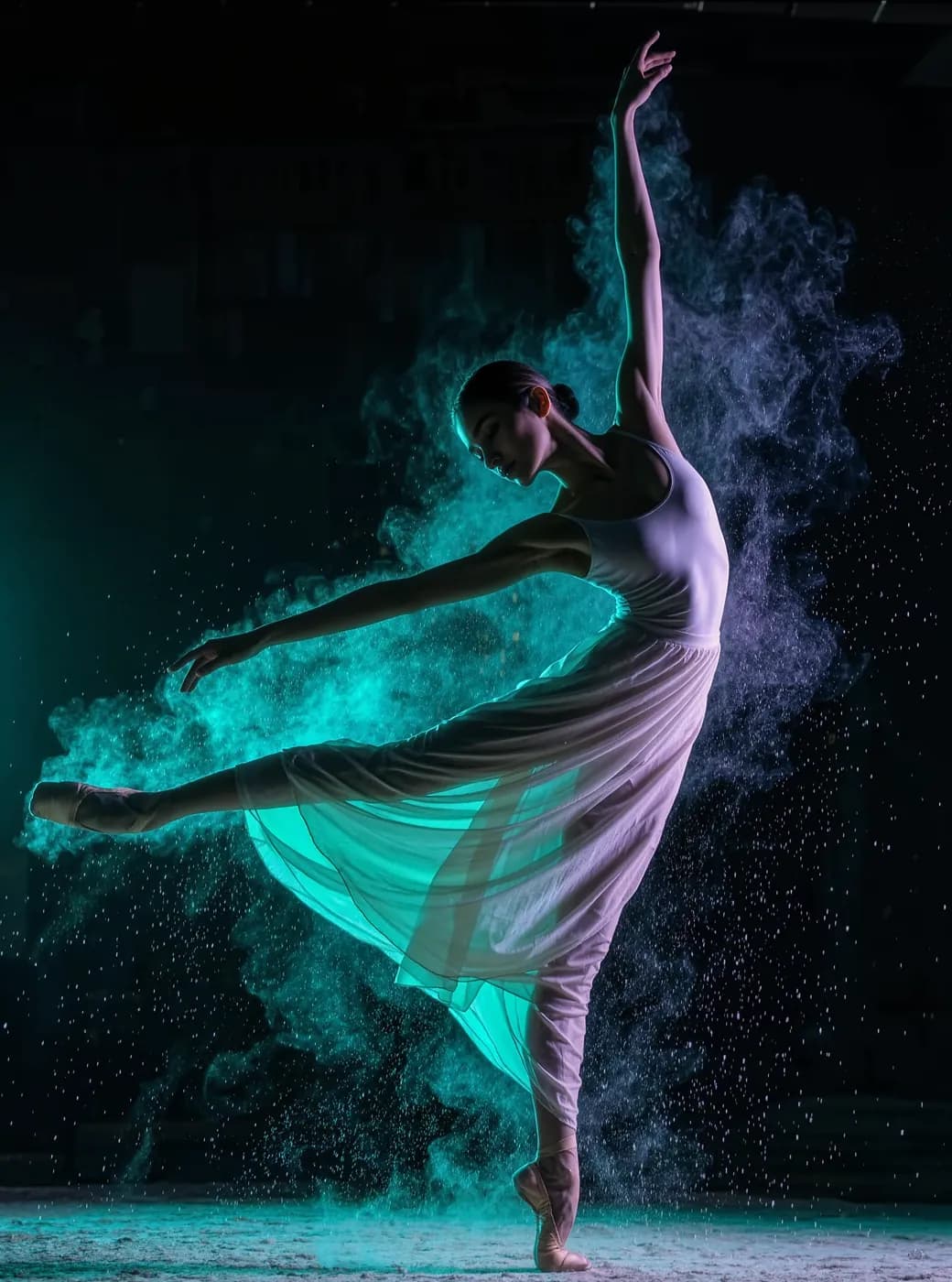 A dancer mid-motion in teal light