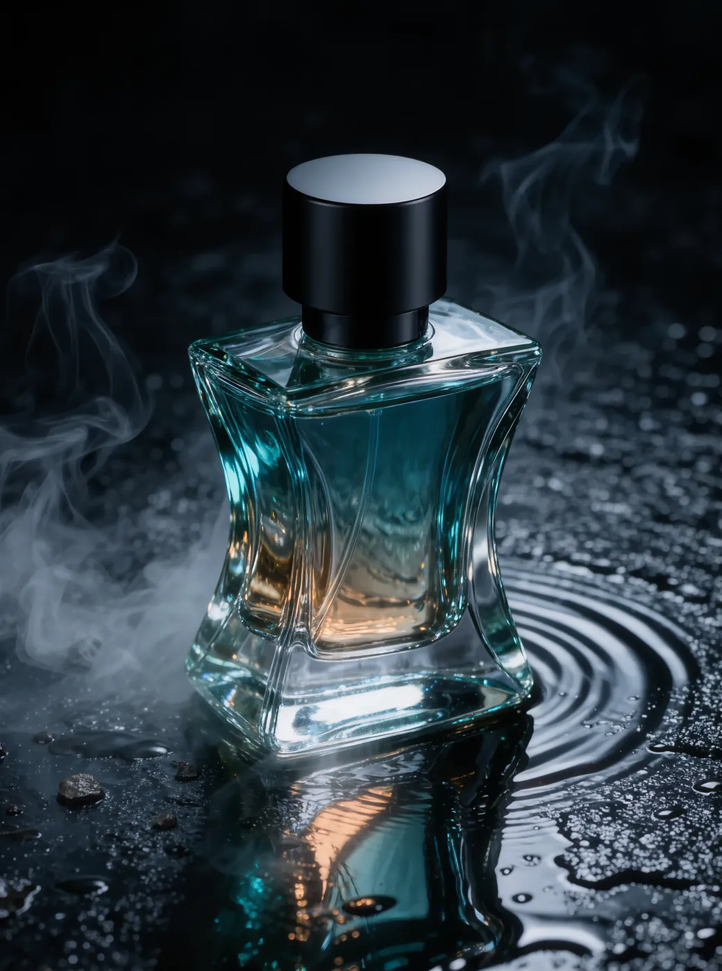 A glass perfume bottle lit for a commercial