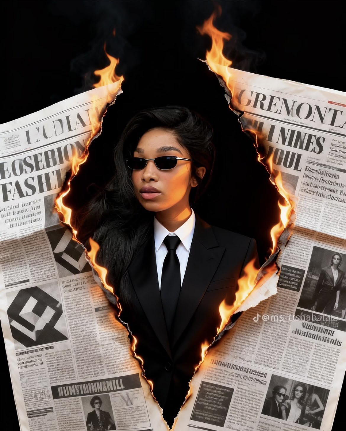high-fashion editorial portrait bursting through a burning newspaper, sharp black tailoring, orange firelight against pure black